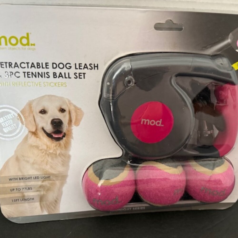 Mod Retractable Dog Leash & 3 Piece Tennis Ball Set Grey/Pink - Built-in led